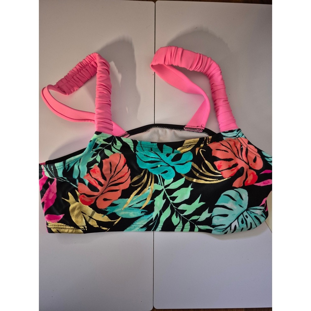SO Swim Girls Size 12 Bikini Top Tropical Floral Black Pink UPF 50+ 8093